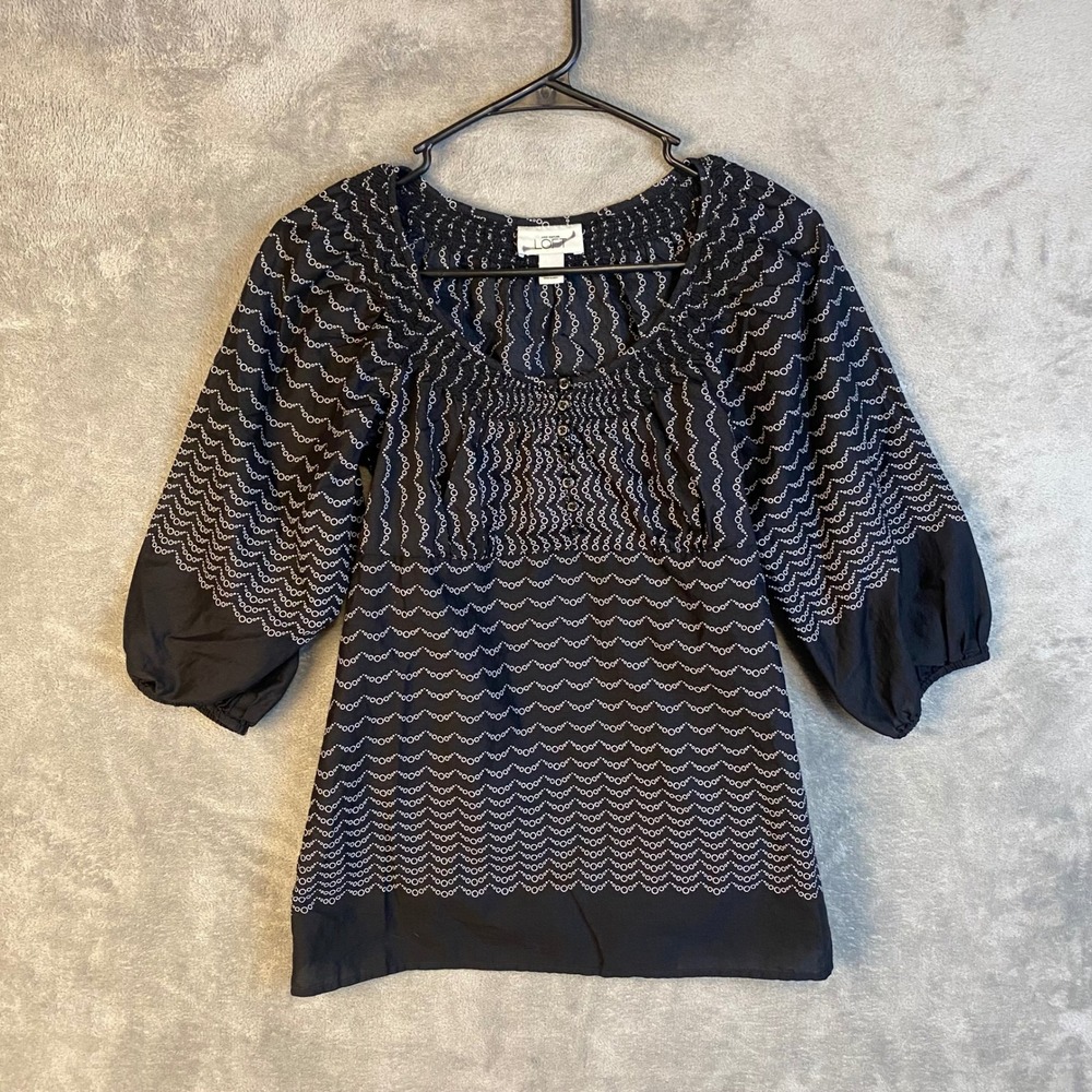 Ann Taylor Loft Blouse Womens XS Smocked Square Neck Black White Pattern‎ EUC